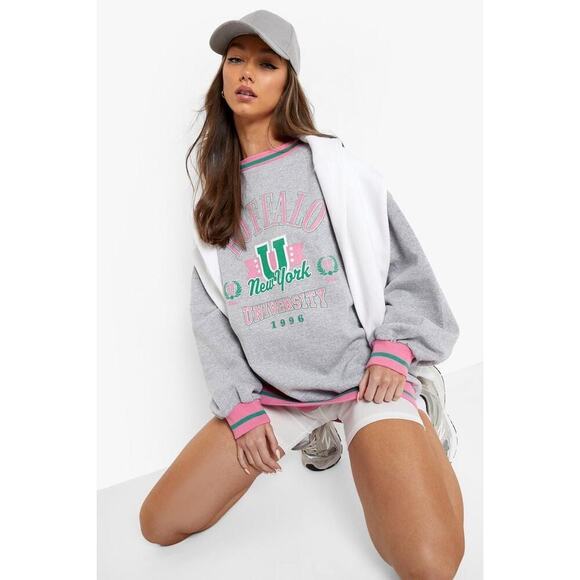 Boohoo Tops - Boohoo Buffalo Striped Hem Oversized Sweatshirt Gray Pink Green Size XL